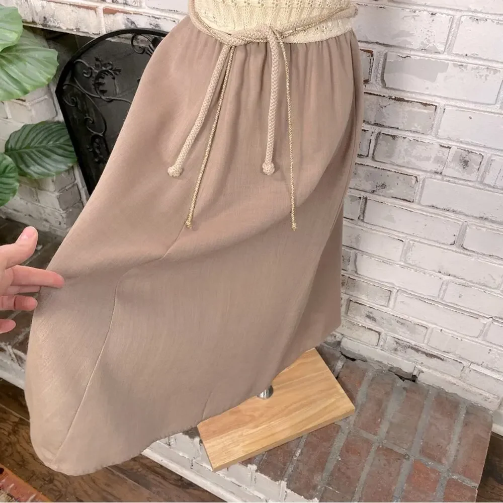 Vintage 70s Crochet Top Cream & Tan Metallic Rope Belt Pull On Midi Dress 6 - Picture 4 of 12